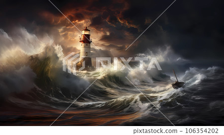 Illustration of a boat sailing towards the lighthouse during a storm Illustration of a boat sailing towards the lighthouse during a storm 106354202