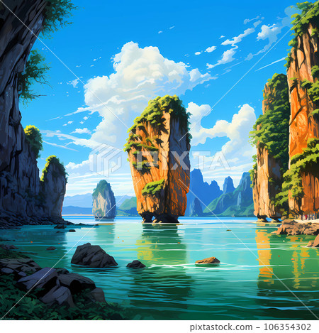 Illustration of a beautiful view of James Bond Island, Thailand Illustration of a beautiful view of James Bond Island, Thailand 106354302