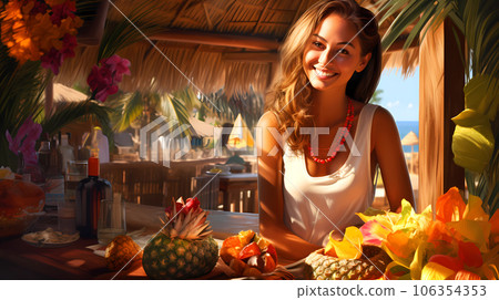 Illustration of a beautiful woman on vacation on a tropical island 106354353
