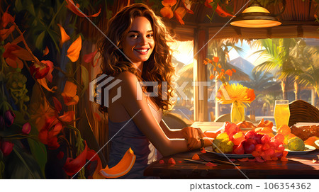 Illustration of a beautiful woman on vacation on a tropical island 106354362