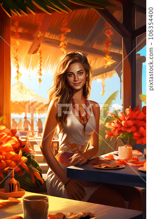 Illustration of a beautiful woman on vacation on a tropical island Illustration of a beautiful woman on vacation on a tropical island 106354400