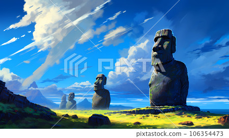 Illustration of the beautiful view of the huge statues on Easter Island, Chile 106354473