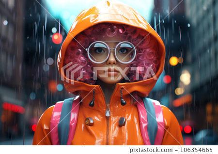 Fashion art portrait of woman model in orange plastic raincoat and pink hair on cityscape background. Generative AI 106354665