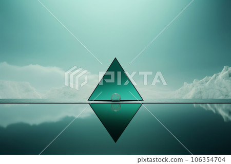 Glass triangle reflecting in the icy cold ocean water on cloudy sky background. Generative AI 106354704
