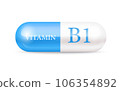 Capsule vitamin B1 (Thiamine) structure Blue, white. 3D Vitamin complex with chemical formula. Personal care, beauty concept. Vector Illustration. transparent capsule pill. Drug business concept. 106354892