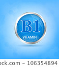 Vitamin B1 icon structure blue substance. 3D Vector Illustration. Personal care, beauty concept. Medicine health symbol of thiamine. Drug business concept. Vitamin complex with chemical formula.  106354894