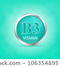 Vitamin B3 icon structure light green substance. Personal care, beauty concept. Medicine health symbol of thiamine. Drug business concept. Vector Illustration. 3D Vitamin complex with chemical formula 106354895