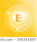 Vitamin E icon structure yellow substance. 3D Vector Illustration. Medicine health symbol of thiamine. Drug business concept. Vitamin complex with chemical formula. Personal care, beauty concept. 106354897