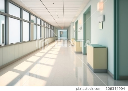 Hospital corridor in daylight, warm and cozy interior of modern hospital hallway, no people healthcare background. Generative AI 106354904