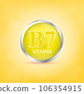 Vitamin B7 icon structure yellow substance. Personal care, beauty concept. Medicine health symbol of thiamine. Drug business concept. 3D Vector Illustration. Vitamin complex with chemical formula. 106354915