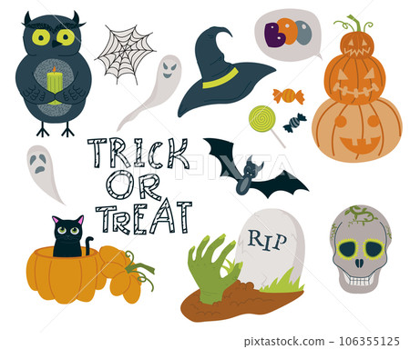 Set of Halloween elements. Vector set of autumn elements with owl, web, hat, bat, pumpkins, ghosts, cat, zombie, skull and sweets. Trick or Treats lettering. Vector collection. Set of Halloween elements. Vector set of autumn elements with owl, web, hat, bat, pumpkins, ghosts, cat, zombie, skull and sweets. Trick or Treats lettering. Vector collection. 106355125