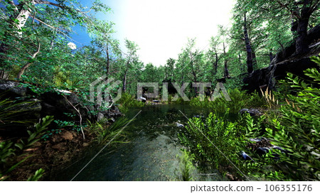 small pond in the forest with moss covered rocks small pond in the forest with moss covered rocks 106355176