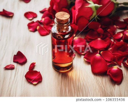 Natural rose essential oil in small glass bottles on wooden background among red roses petals, selective focus. 106355436
