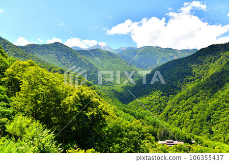 Looking towards Mt. Norikura from the vicinity of Shirahone Onsen (Awanoyu below) (Matsumoto City, Nagano Prefecture) [2023.8] 106355437