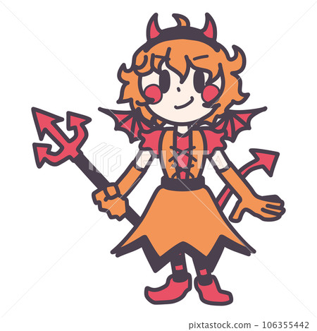 一個穿著可愛魔鬼服裝的微笑女孩的彩色插圖 一個穿著可愛魔鬼服裝的微笑女孩的彩色插圖 106355442