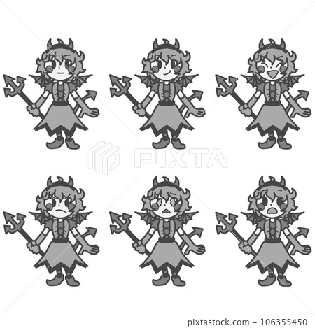 Monochrome illustration set of cute girls with various expressions in devil costumes Monochrome illustration set of cute girls with various expressions in devil costumes 106355450