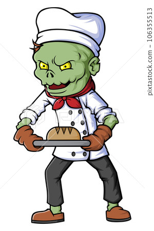 Spooky zombie chef cartoon character on white background of illustration Spooky zombie chef cartoon character on white background of illustration 106355513