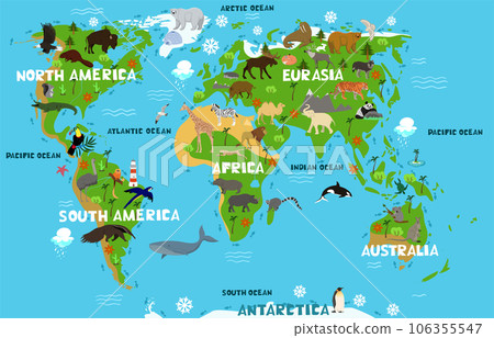 Children's world map with the names of continents and oceans. Animals on the mainland. Vector graphics. Children's world map with the names of continents and oceans. Animals on the mainland. Vector graphics. 106355547