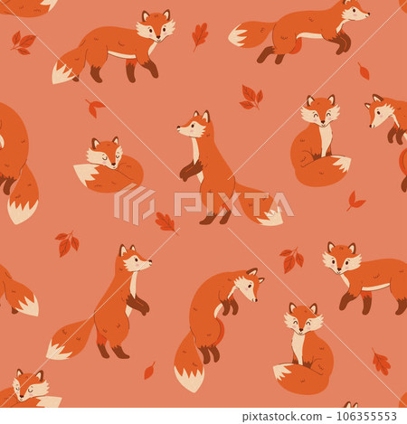 Cute autumn seamless pattern with foxes and leaves. Vector graphics. 106355553