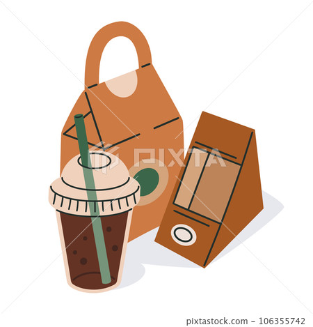 Food delivery paper packaging. Disposable paper bag, takeaway cardboard fast food delivery containers, box and plastic cup flat vector illustration Food delivery paper packaging. Disposable paper bag, takeaway cardboard fast food delivery containers, box and plastic cup flat vector illustration 106355742