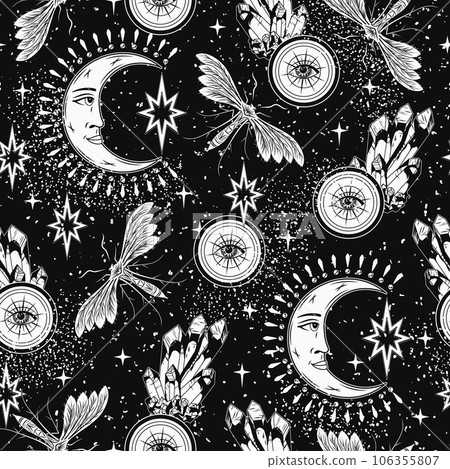 Surreal pattern with magic ball, sphere, crystals, crescent moon, butterfly, stur dust. Concept of sacred spirit, mystery. Supernatural illustration for prints, clothing, t shirt, textile design 106355807