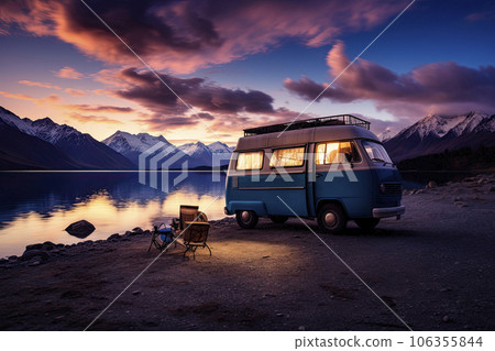 a camper van at nightfall near water lake a camper van at nightfall near water lake 106355844