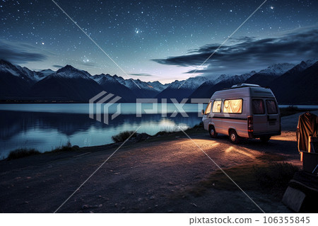 a camper van at nightfall near water lake 106355845