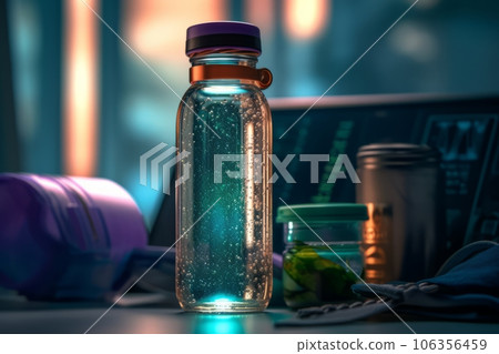 A stylishly designed water bottle filled with mineral water, accompanied by a fitness tracker and workout accessories, representing the intersection of hydration and a healthy lifestyle. Generative Ai A stylishly designed water bottle filled with mineral water, accompanied by a fitness tracker and workout accessories, representing the intersection of hydration and a healthy lifestyle. Generative Ai 106356459