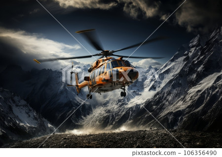 Helicopter hovering over snow-covered mountains during a daring winter rescue mission, showcasing the importance of timely and efficient emergency response. Generative Ai 106356490