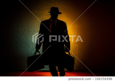 A silhouette of a fedora-wearing mafia hitman, holding a briefcase, as he walks into the shadows, symbolizing danger and clandestine dealings. Generative AI 106356496