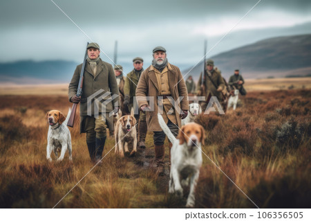 A group of hunters dressed in traditional hunting attire, trekking through the wilderness with hunting dogs by their side, showcasing the camaraderie and adventure of the sport. Generative AI 106356505