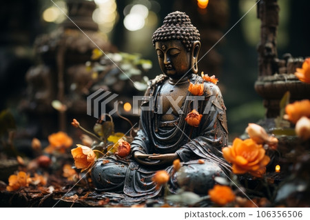 A thought-provoking photograph of a Buddha statue in a contemplative pose, inviting viewers to reflect on the principles of Buddhism and its message of compassion and enlightenment. Generative AI 106356506
