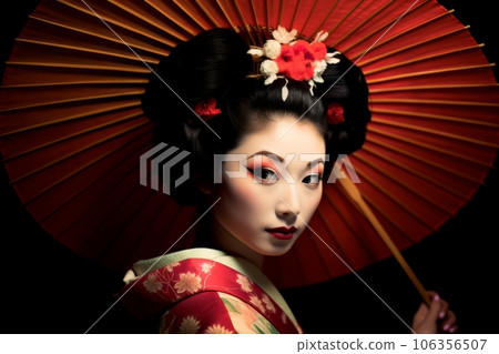 Beautiful Japanese geisha woman in traditional floral clothing. Generative AI 106356507