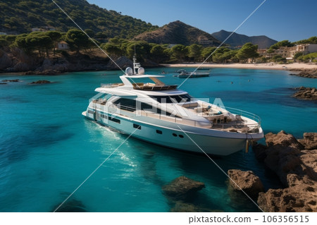 The sun casts a gentle glow on the azure waters as the luxurious private yacht anchors in a pristine bay. Generative Ai 106356515