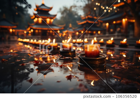 A mesmerizing photo of a Buddhist temple illuminated by soft candlelight or lanterns, creating a serene and peaceful ambiance. Generative Ai 106356520