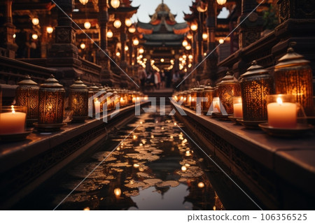 A mesmerizing photo of a Buddhist temple illuminated by soft candlelight or lanterns, creating a serene and peaceful ambiance. Generative Ai 106356525