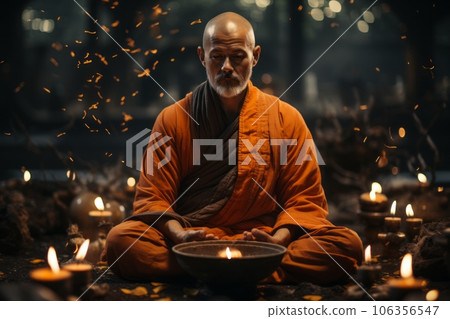 Buddhist monk meditating in a peaceful temple setting, symbolizing inner peace and mindfulness. Generative AI Buddhist monk meditating in a peaceful temple setting, symbolizing inner peace and mindfulness. Generative AI 106356547