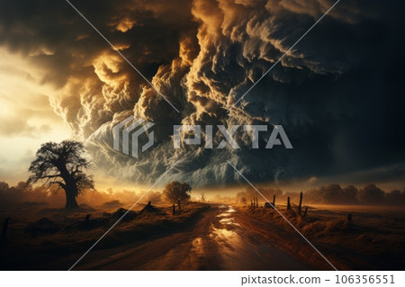 A captivating image of a menacing tornado in the distance, evoking a sense of awe and urgency, emphasizing the need for preparedness and safety measures. Generative Ai 106356551