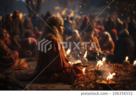 A group of Buddhist devotees engaging in a traditional ceremony, showcasing the spiritual practices and rituals of Buddhism. Generative AI 106356552
