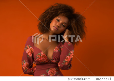 Happy body positive female posing in studio shot. Pastel color background. Generative AI 106356571