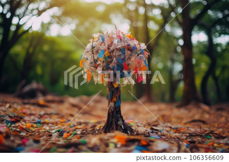 A visually striking image of a tree plastic waste, symbolizing the detrimental effects of littering and improper waste disposal in forests. Generative AI A visually striking image of a tree plastic waste, symbolizing the detrimental effects of littering and improper waste disposal in forests. Generative AI 106356609