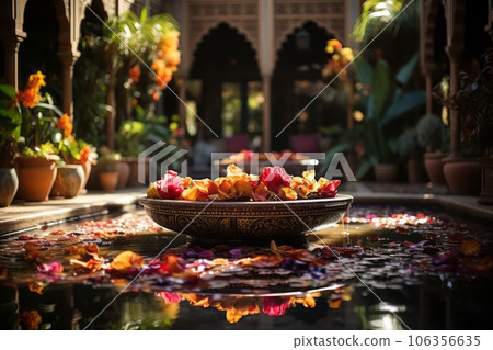 Decorated Moroccan Riad courtyard, featuring colorful tiles, lush plants, and a central fountain, conveying the tranquil and exotic atmosphere. Generative Ai 106356635