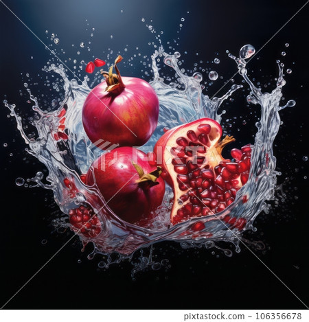 Surrounding the pomegranate, a swirl of splashing droplets creates an enchanting spectacle. Generative AI 106356678