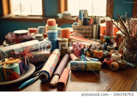 A table filled with colorful wrapping paper, ribbons, and gift tags, highlighting the art of beautifully wrapping presents and creating anticipation for Christmas morning. Generative Ai 106356703