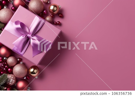 Pink Christmas balls and decorations on a pink background, with copy space. Generative Ai 106356736