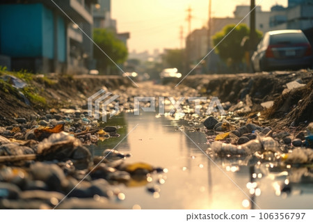 A polluted river flowing through a cityscape, shedding light on the consequences of water pollution in urban areas. Generative Ai 106356797