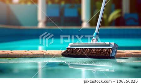 A close-up shot of professional pool cleaning tool, pool brush, neatly arranged by the side of the pool, emphasizing the importance of pool maintenance and cleanliness. A close-up shot of professional pool cleaning tool, pool brush, neatly arranged by the side of the pool, emphasizing the importance of pool maintenance and cleanliness. 106356820