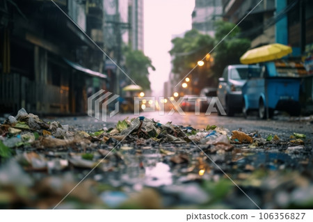 An attention-grabbing photo of a litter-filled street in a polluted city, emphasizing the importance of proper waste management and reducing plastic consumption. Generative Ai An attention-grabbing photo of a litter-filled street in a polluted city, emphasizing the importance of proper waste management and reducing plastic consumption. Generative Ai 106356827
