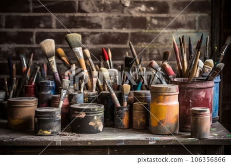 Collection of clean and well-organized paint brushes, rollers, and other painting tools neatly arranged on a workbench, emphasizing the professional setup of a paint shop. Generative Ai 106356866