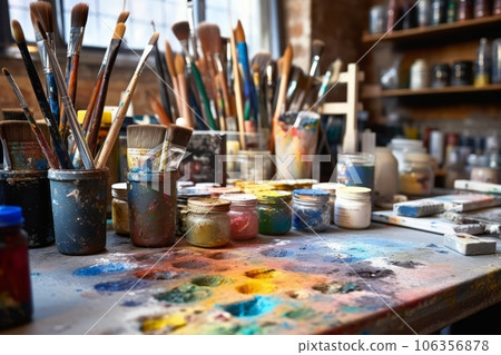 Collection of clean and well-organized paint brushes, rollers, and other painting tools neatly arranged on a workbench, emphasizing the professional setup of a paint shop. Generative Ai 106356878